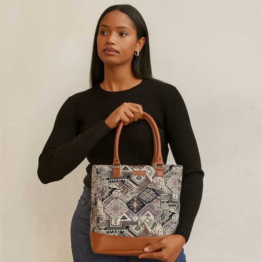 Wholesale Geometric Tapestry Tote Bag for Women – Vegan Leather Trimmed Shoulder Purse for Daily Use & Work