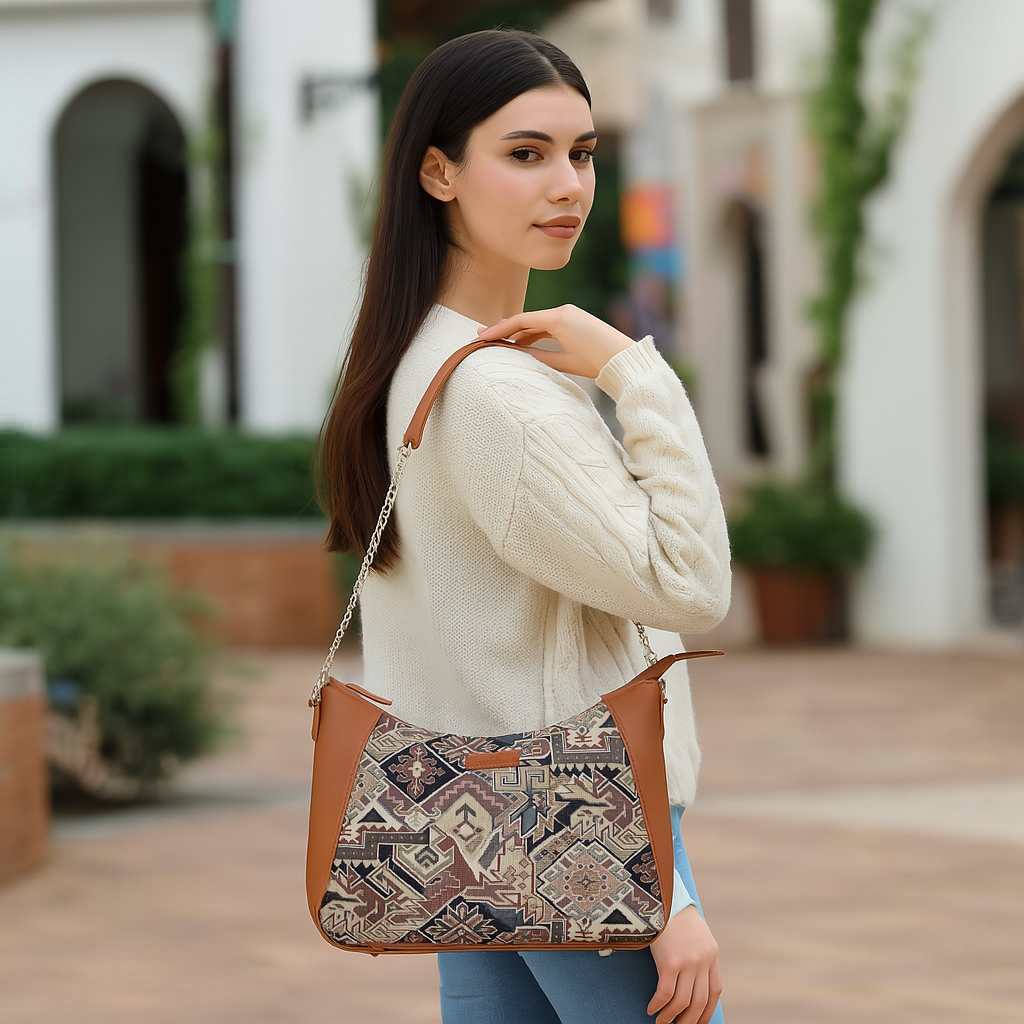 Geometric Design Tapestry Hobo Bag | Stylish vegan leather-Trimmed Shoulder & Satchel Bag with Chain Strap for Office & Outings