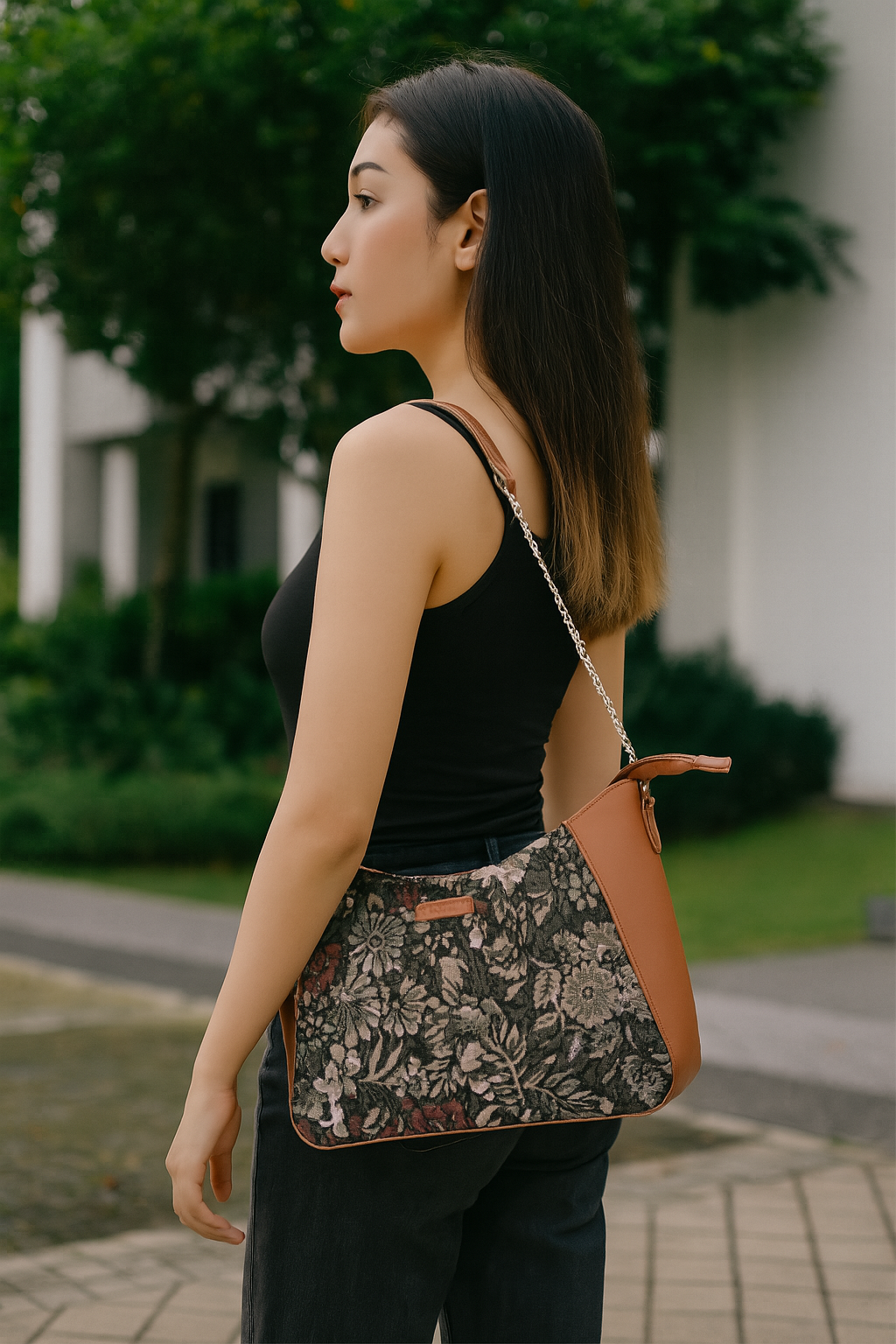 Women's Hobo Bag in Vintage Pattern Tapestry Fabric | vegan leather-Trimmed Shoulder & Sling Purse with Chain and vegan leather Strap