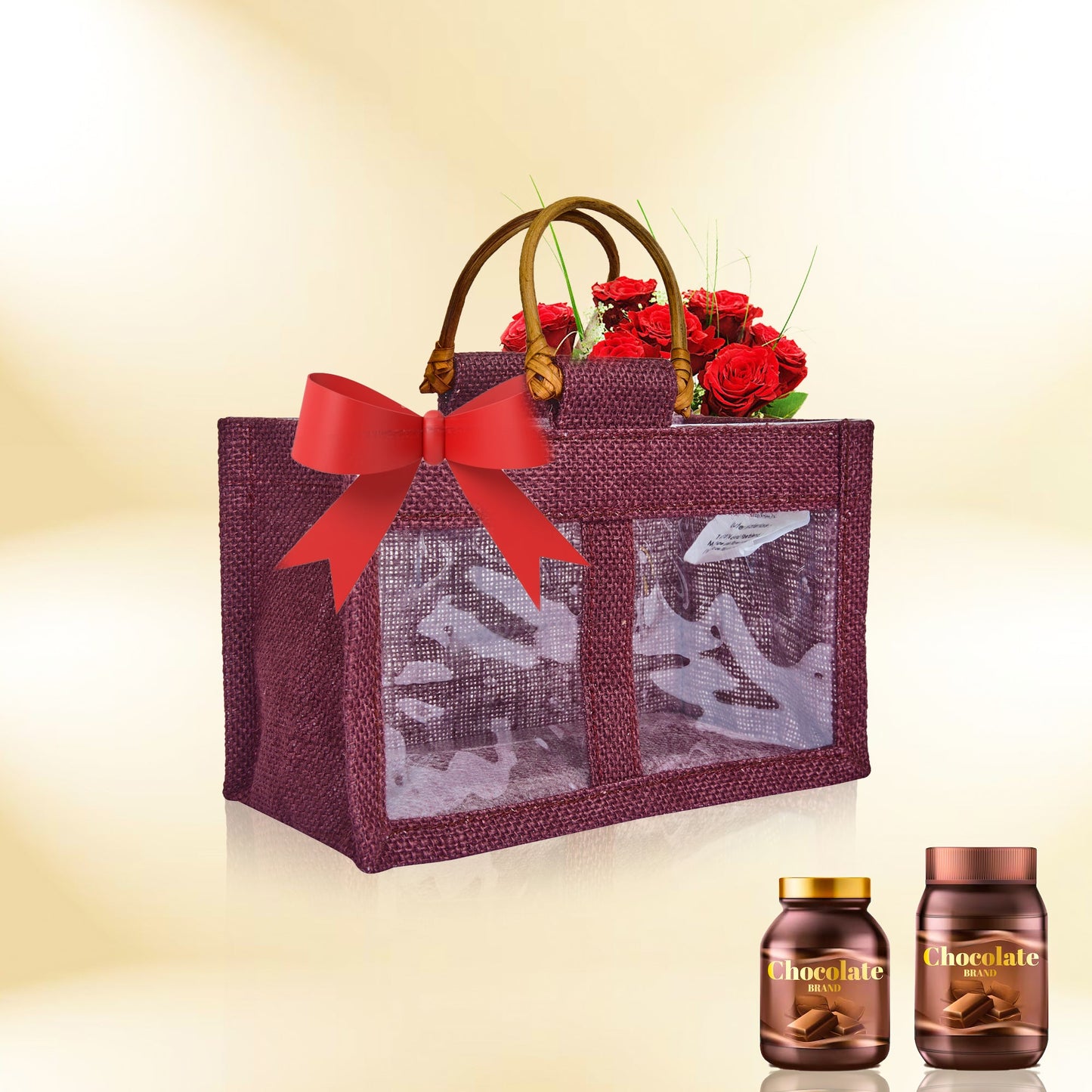 Wholesale Colourful Burlap Jute Gift Bags with Cane Handles (Packs of 7)
