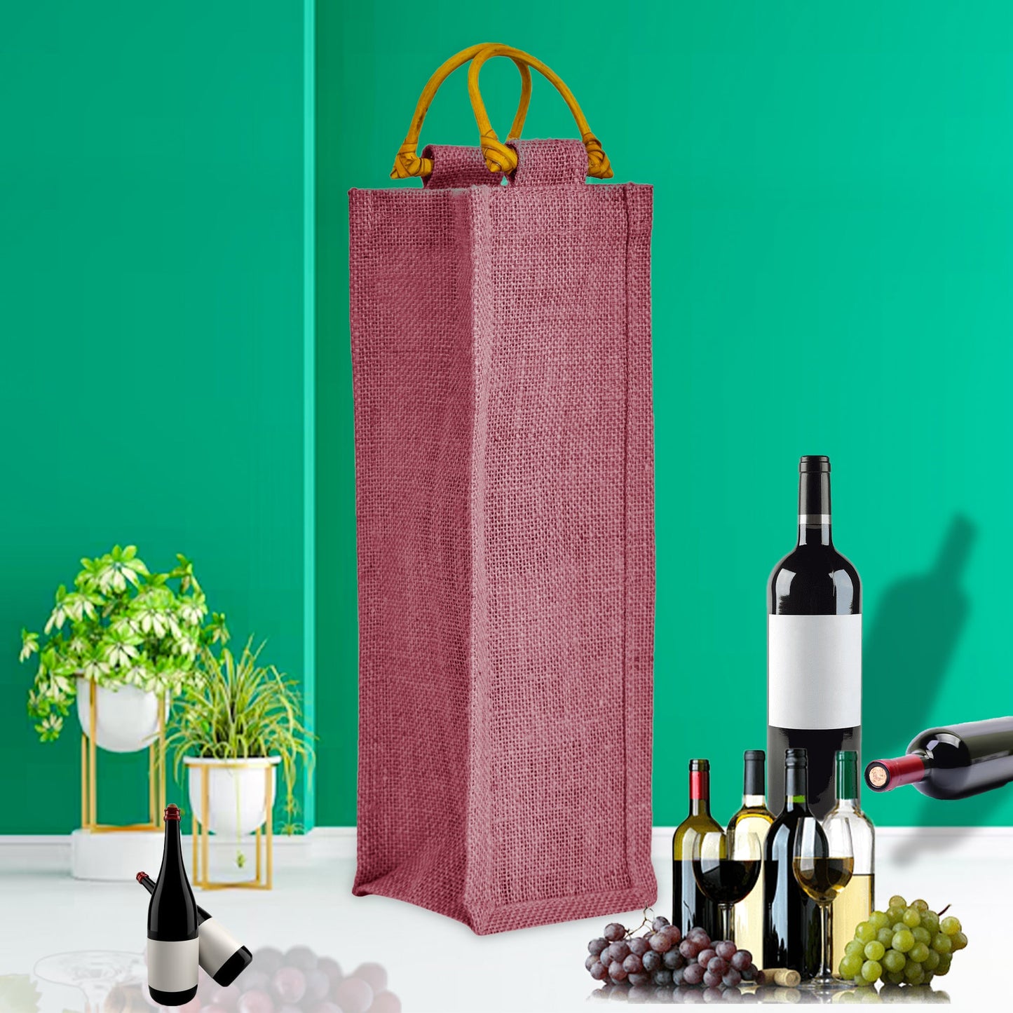 Wholesale Coloured Jute Wine Bottle Bags with Cane Handles – For Events & Gifting (Pack of 7)