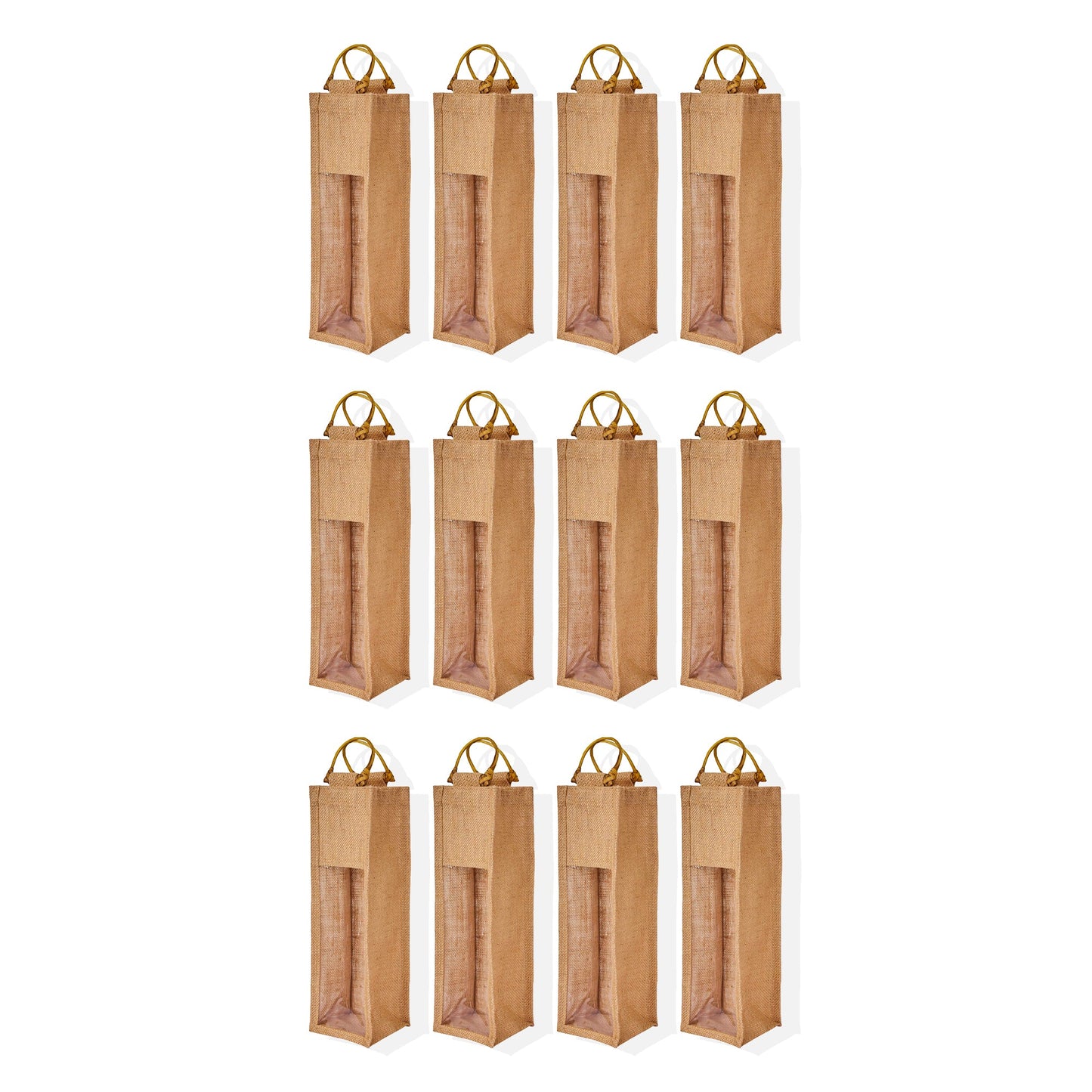 Natural Wholesale Jute Wine Bags with PVC Window – Reusable Single Bottle Bag for Weddings, Parties & Special Occasions (Set of 12)