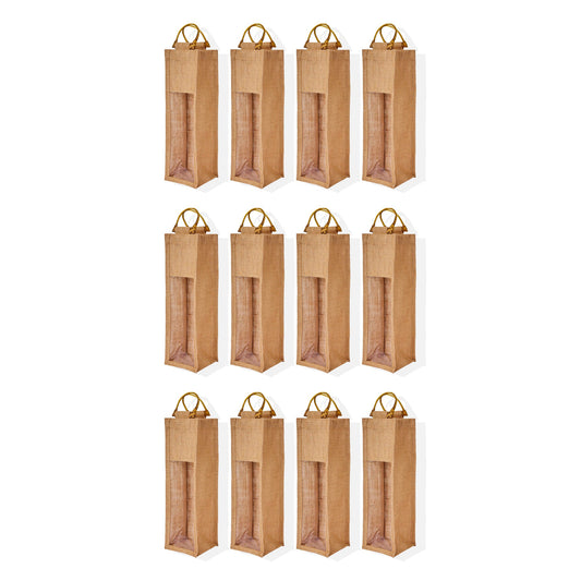 Natural Wholesale Jute Wine Bags with PVC Window – Reusable Single Bottle Bag for Weddings, Parties & Special Occasions (Set of 12)