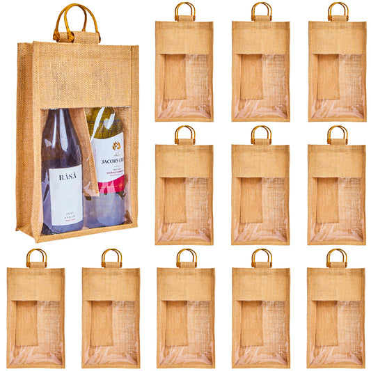 Wholesale Burlap Wine Gift Bags with PVC – Reusable for Events & Special Occasions (Pack of 12)