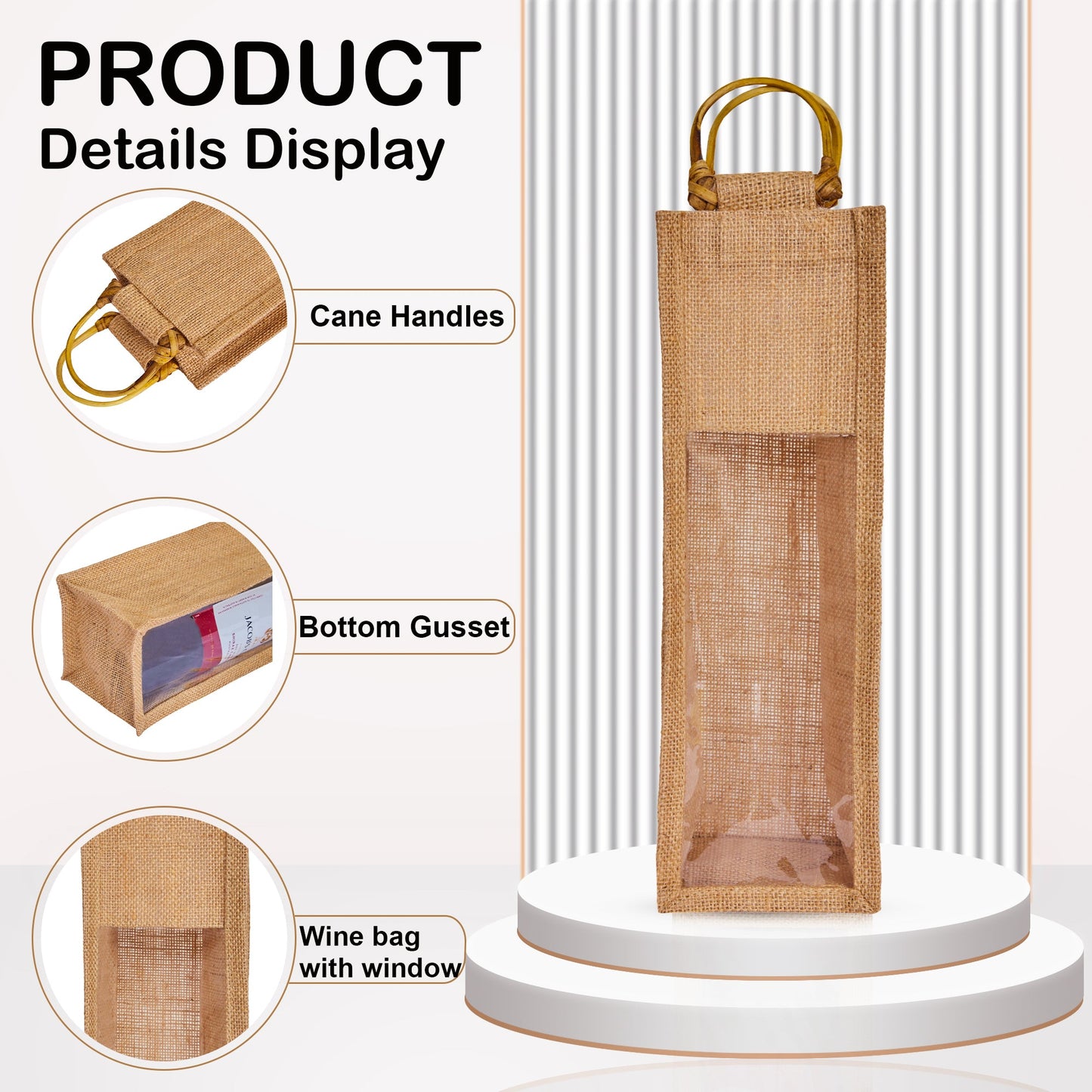 Natural Wholesale Jute Wine Bags with PVC Window – Reusable Single Bottle Bag for Weddings, Parties & Special Occasions (Set of 12)