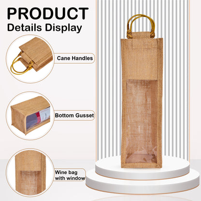 Natural Wholesale Jute Wine Bags with PVC Window – Reusable Single Bottle Bag for Weddings, Parties & Special Occasions (Set of 12)