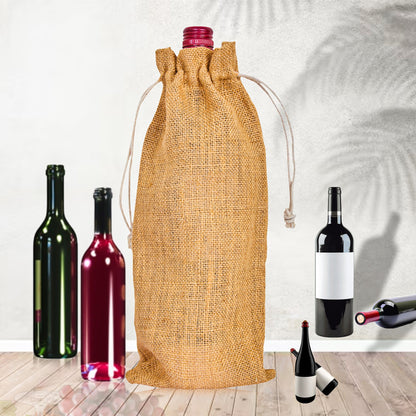 Wholesale Reusable Jute Wine Bottle Bags – Burlap Drawstring Pouches for Gifting & Events (Pack of 12)