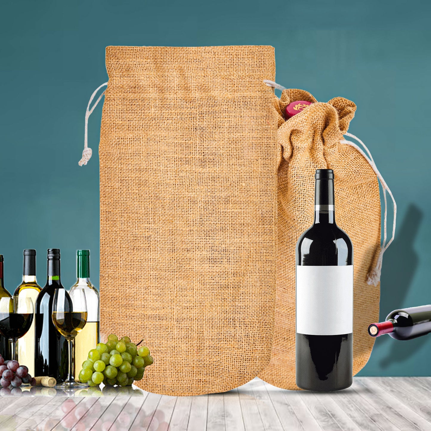 Wholesale Natural Jute Wine Bottle Bags – Burlap Gift Pouches for Celebrations & Events (Pack of 12)