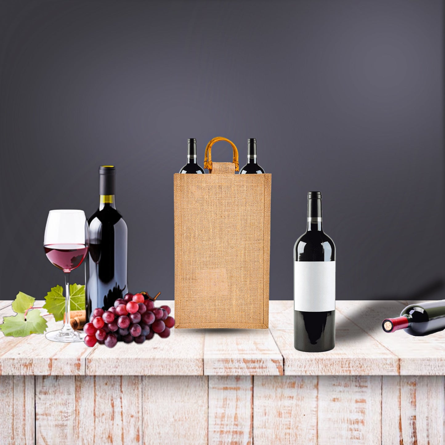Jute Wine Gift Bags with Cane Handles – 2 Bottle Burlap Totes for Celebrations & Events, Wholesale (Pack of 12)