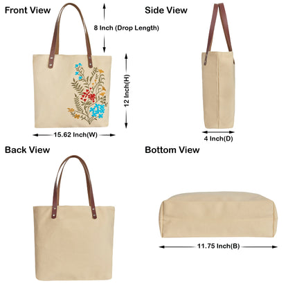 Wholesale Floral Embroidered Canvas Tote Bag with leather