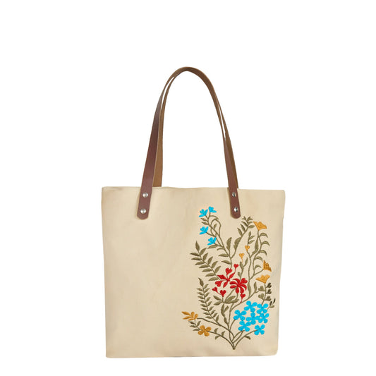 Wholesale Floral Embroidered Canvas Carry Tote with Leather