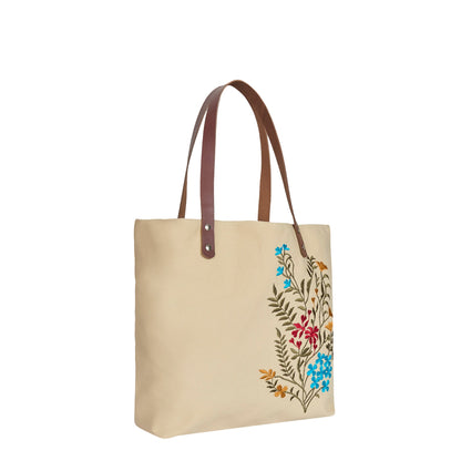 Wholesale Floral Embroidered Canvas Carry Tote with Leather