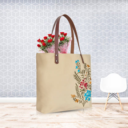Wholesale Floral Embroidered Canvas Carry Tote with Leather