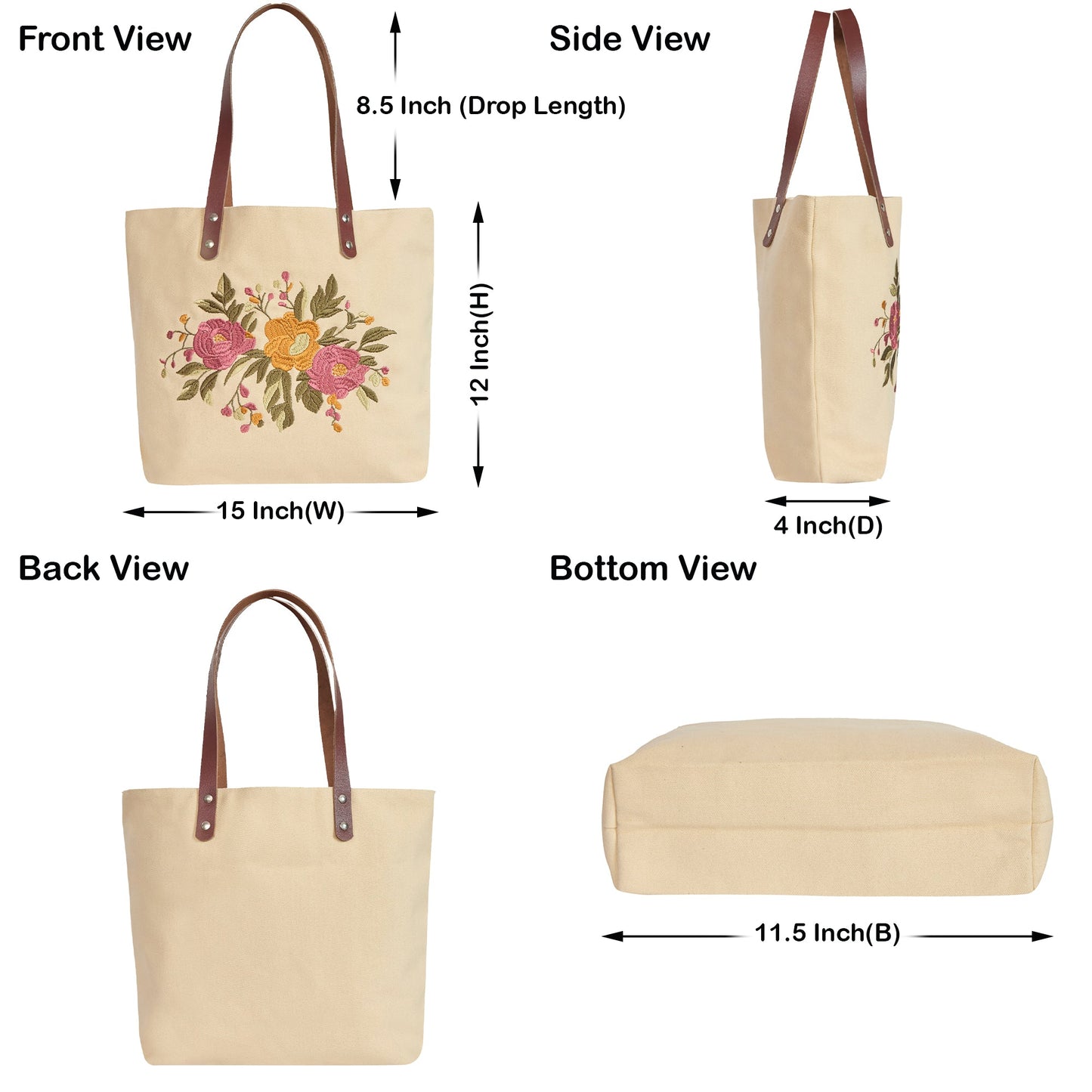 Wholesale Floral Embroidered Canvas Tote Bag with leather