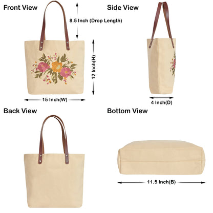 Wholesale Floral Embroidered Canvas Tote Bag with leather