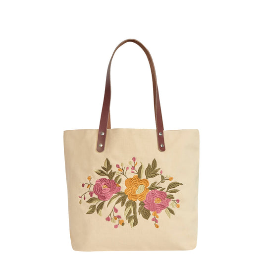 Wholesale Eco Friendly Floral Embroidered Canvas Tote with Leather