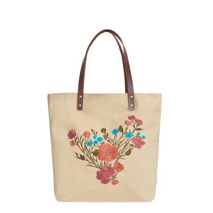 Wholesale Colorful Floral Embroidered Canvas Tote with Leather