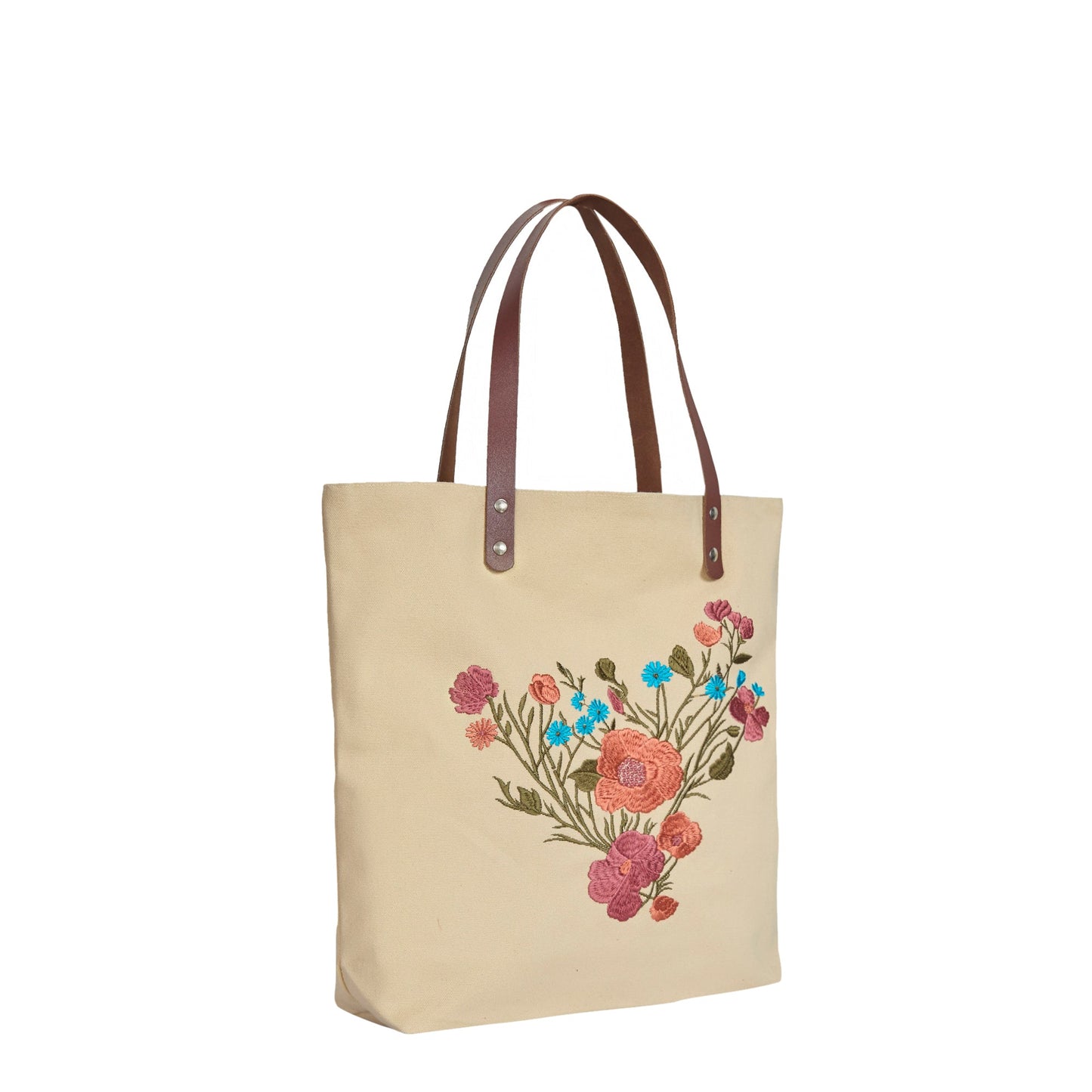 Wholesale Colorful Floral Embroidered Canvas Tote with Leather