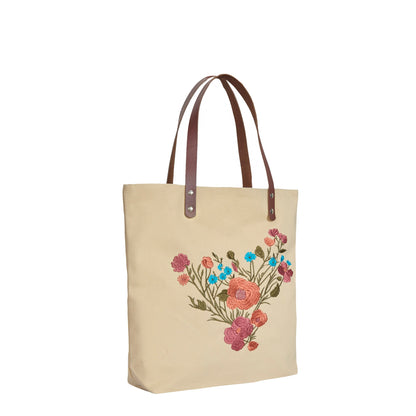 Wholesale Colorful Floral Embroidered Canvas Tote with Leather