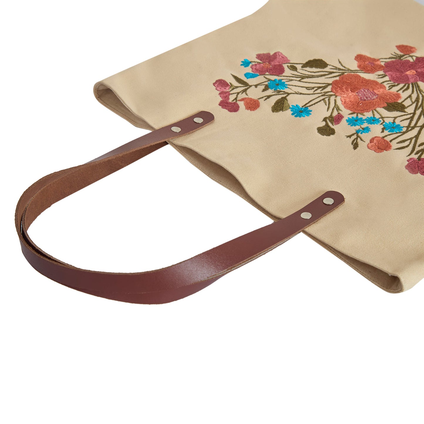 Wholesale Colorful Floral Embroidered Canvas Tote with Leather
