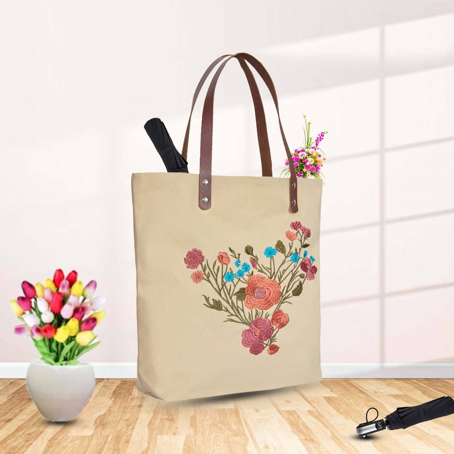Wholesale Colorful Floral Embroidered Canvas Tote with Leather