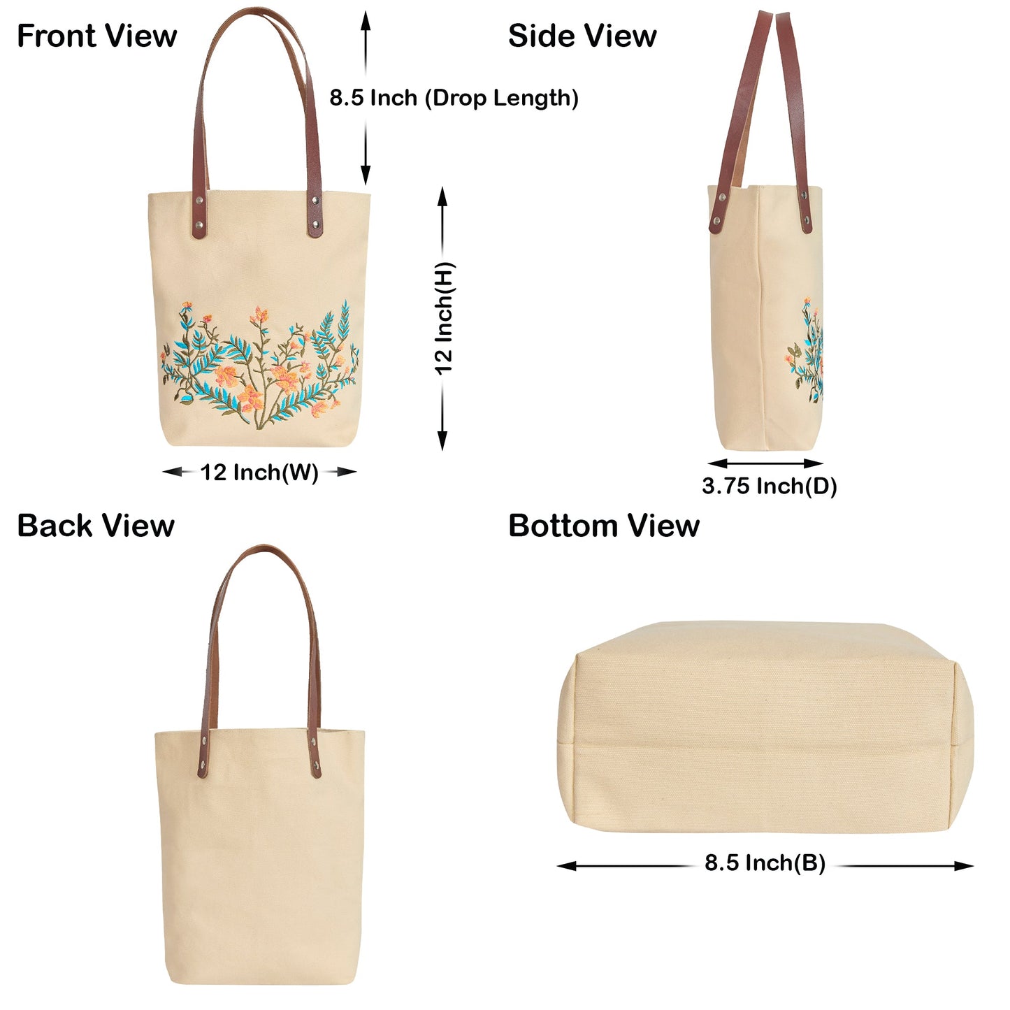 Wholesale Floral Embroidered Canvas Shoulder Tote with Leather