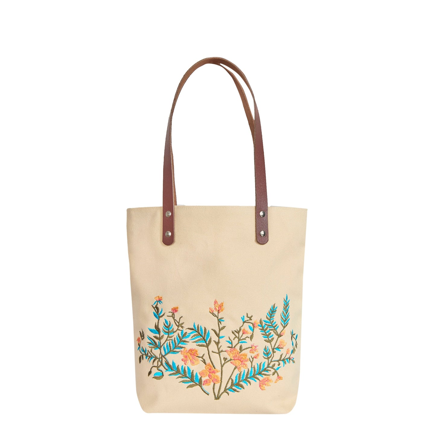 Wholesale Floral Embroidered Canvas Shoulder Tote with Leather