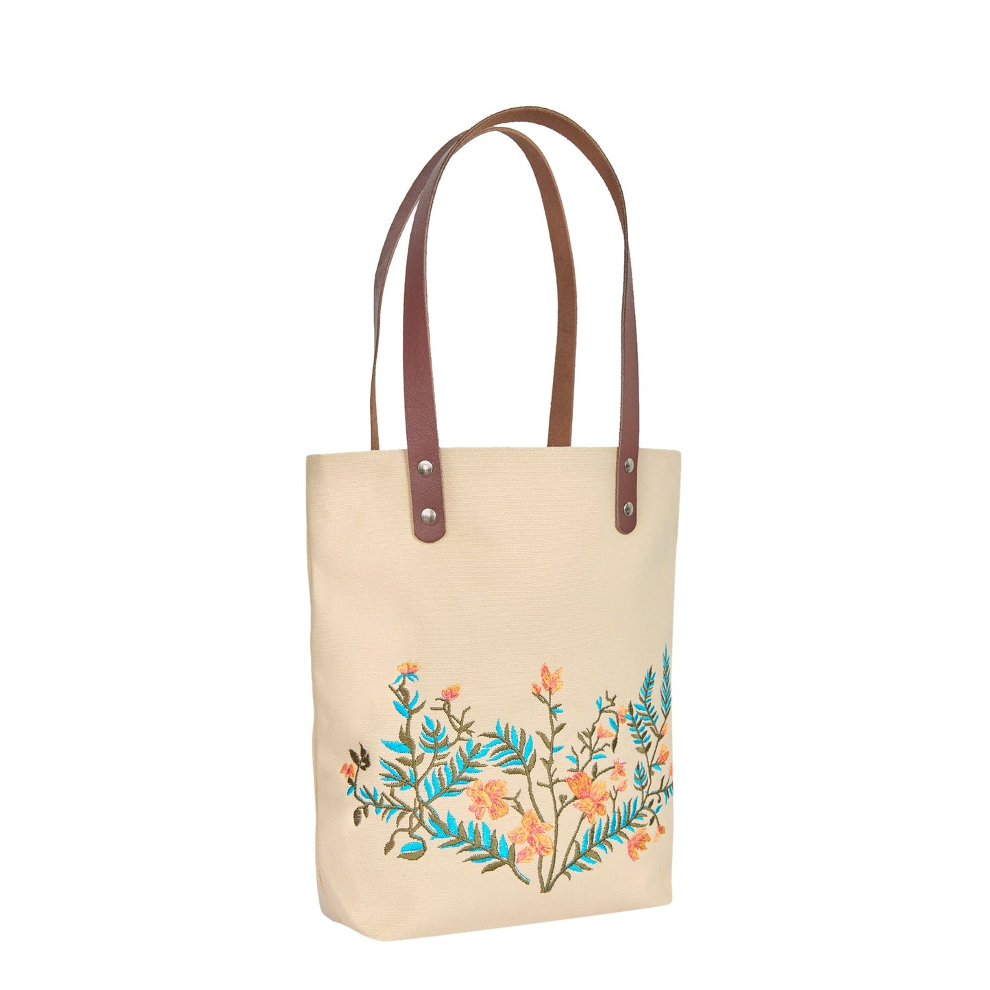 Wholesale Floral Embroidered Canvas Shoulder Tote with Leather
