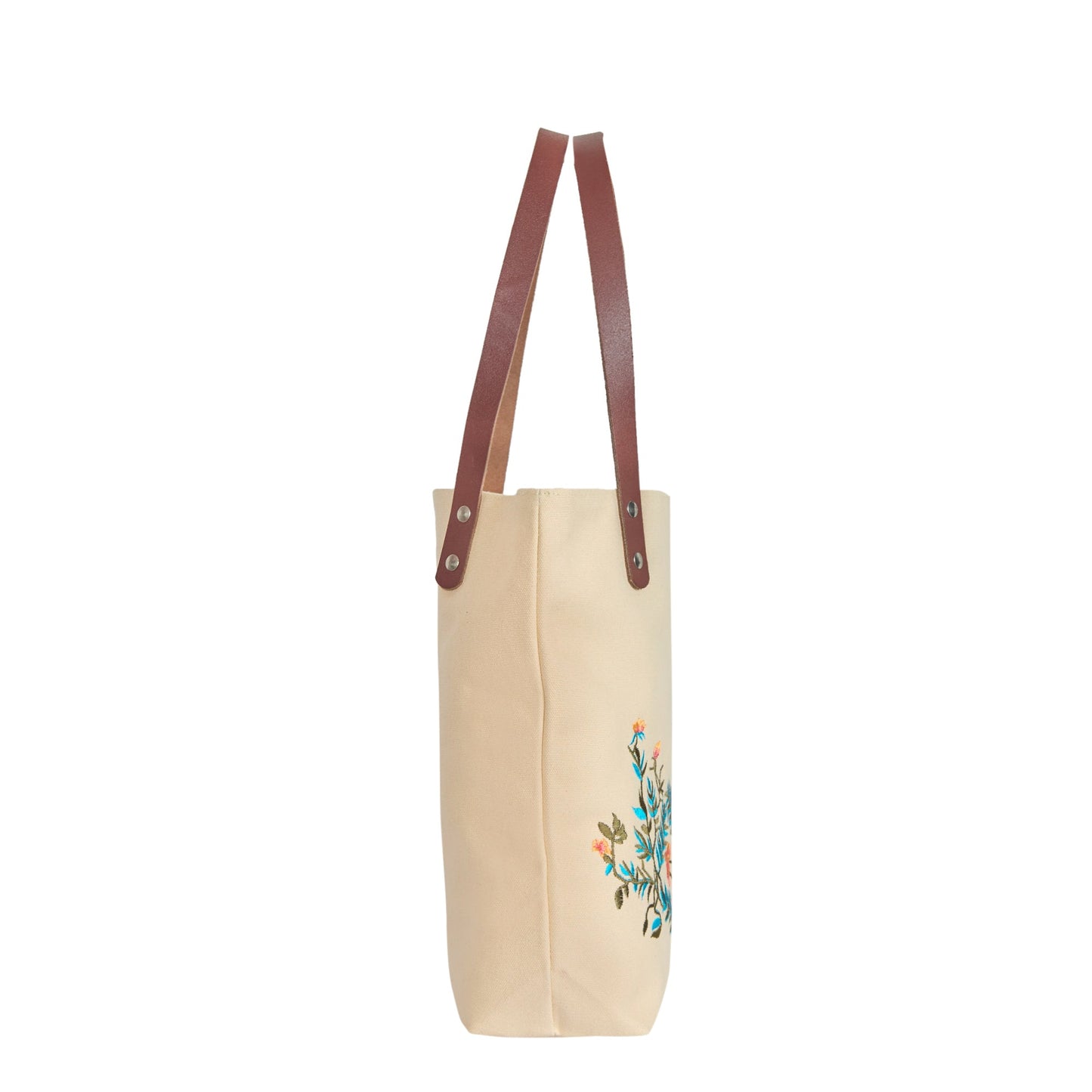 Wholesale Floral Embroidered Canvas Shoulder Tote with Leather