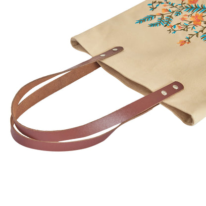 Wholesale Floral Embroidered Canvas Shoulder Tote with Leather
