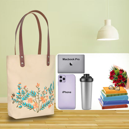 Wholesale Floral Embroidered Canvas Shoulder Tote with Leather