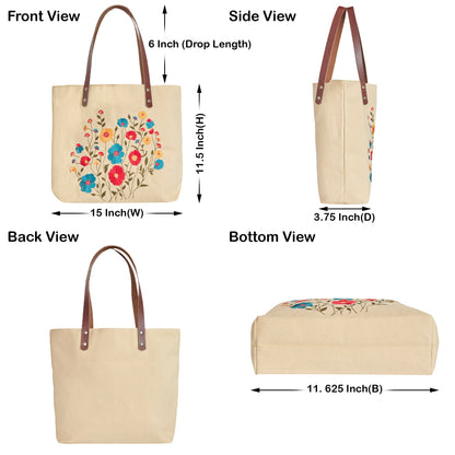 Wholesale Floral Embroidered Canvas Tote Bag with leather