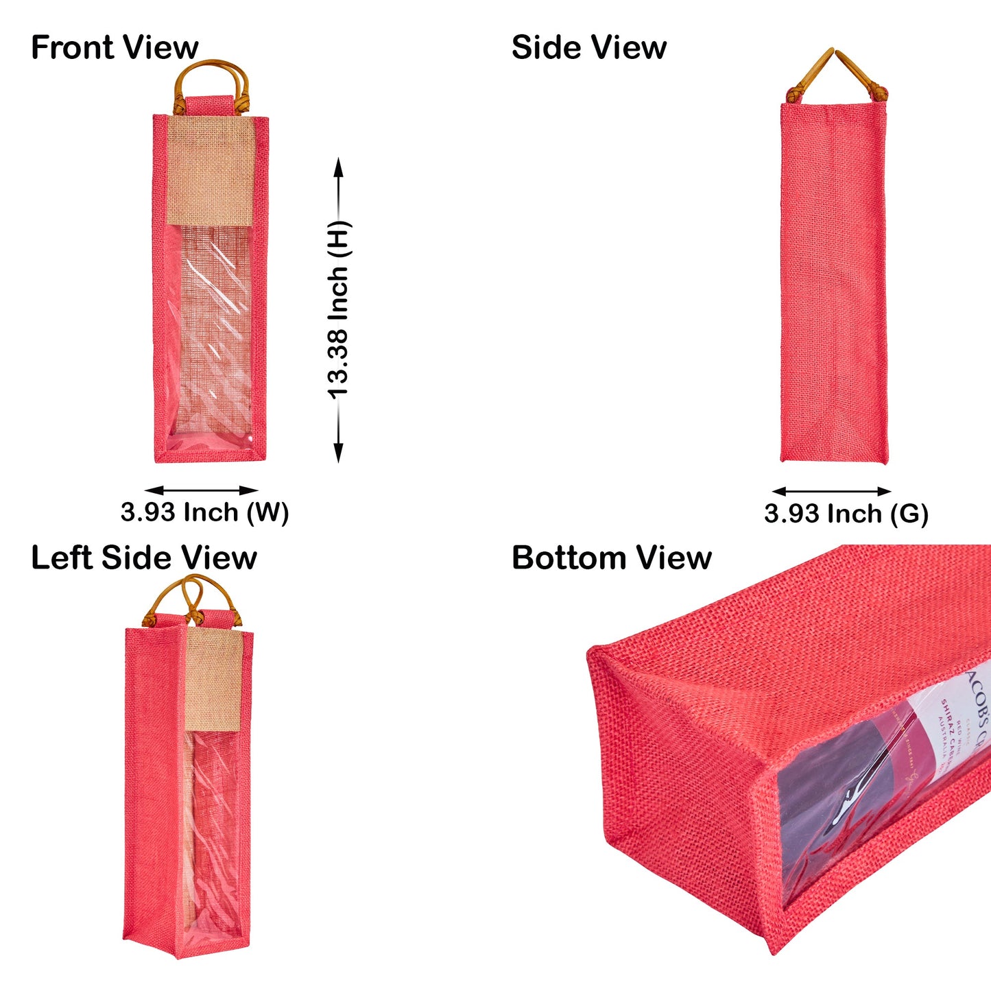 Jute Wine Gift Bags with PVC Window – Wholesale Single Bottle Carriers for Weddings & Events (Pack of 6)