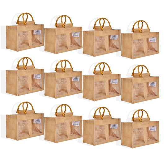 Wholesale Reusable Natural Burlap Jute Gift Bags with PVC for Events (Packs of 12)