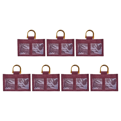Wholesale Colourful Burlap Jute Gift Bags with Cane Handles (Packs of 7)