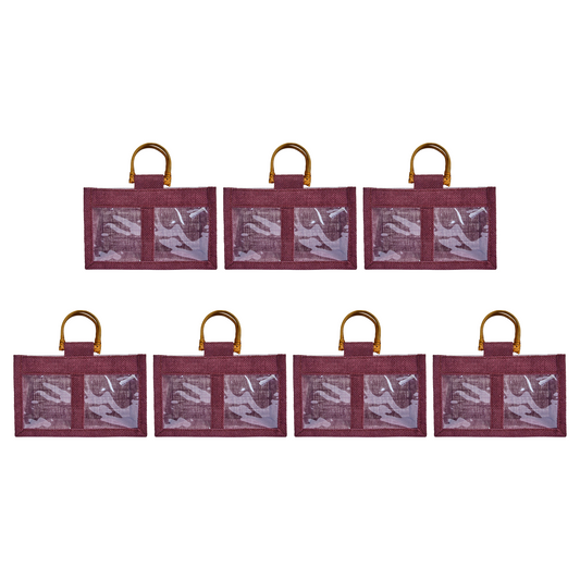 Wholesale Colourful Burlap Jute Gift Bags with Cane Handles (Packs of 7)