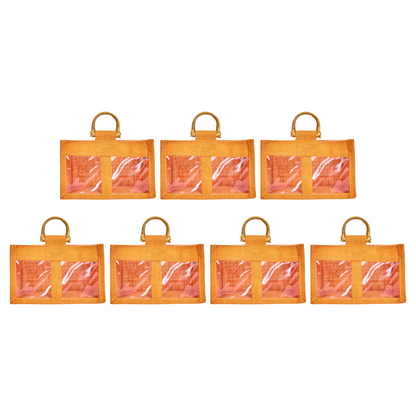 Wholesale Colourful Burlap Jute Gift Bags with Cane Handles (Packs of 7)