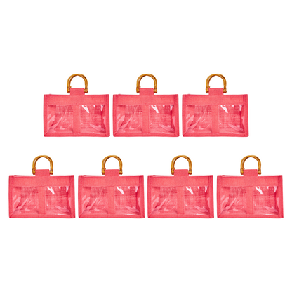Wholesale Colourful Burlap Jute Gift Bags with Cane Handles (Packs of 7)