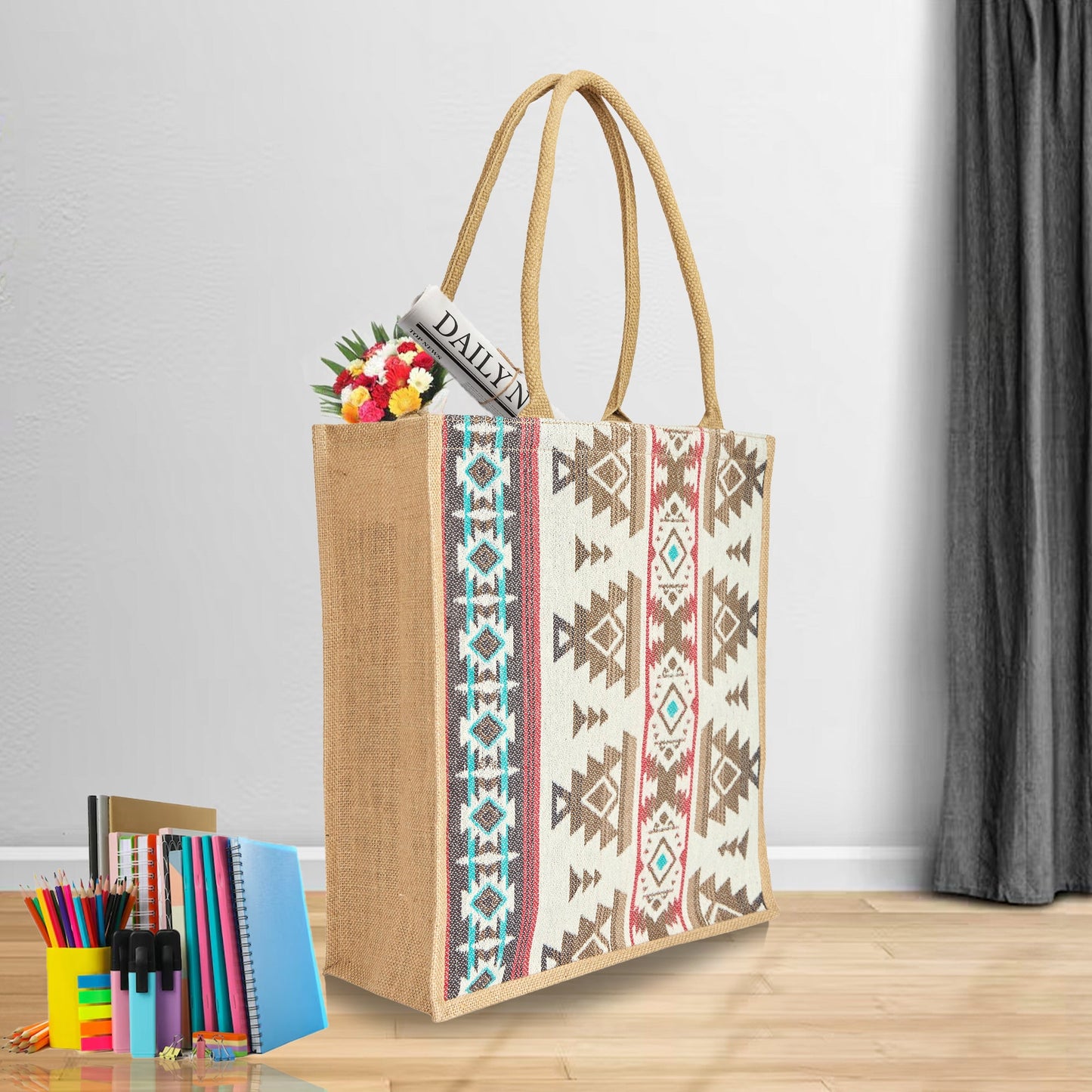 Wholesale Premium Reusable Jute Shopping with Jacquard fabric Tote Bag
