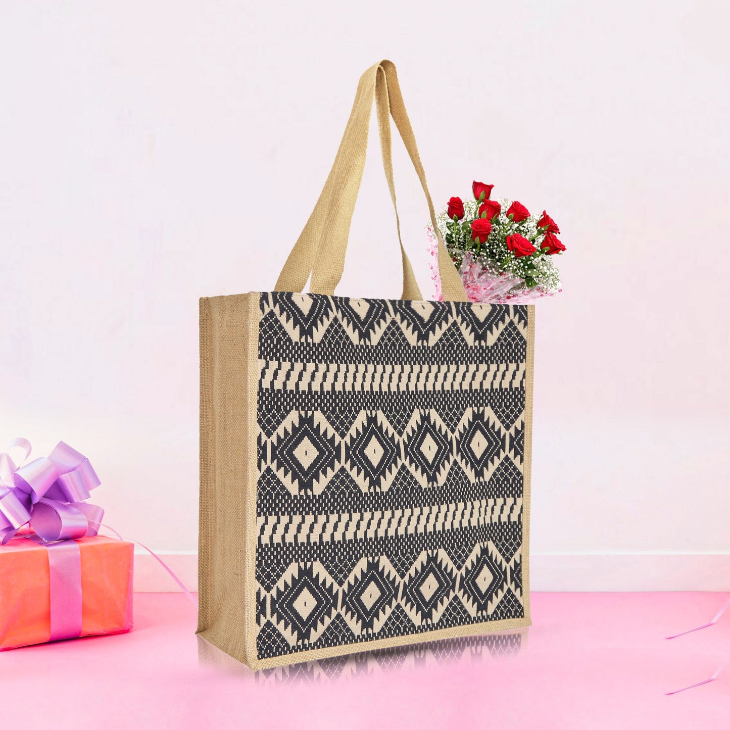 Wholesale Eco Jute with Jacquard fabric Shoulder Tote Bag for Daily use