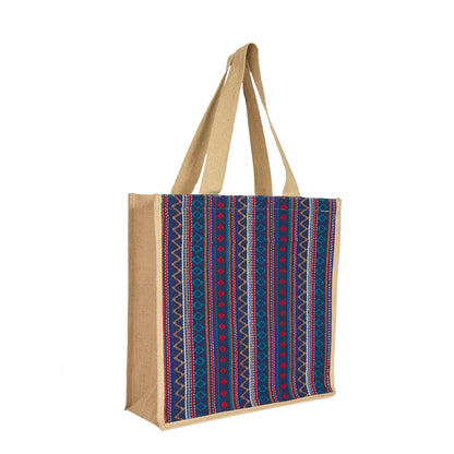 Wholesale Natural JuteTote Bag with Purple Jacquard Fabric for daily use
