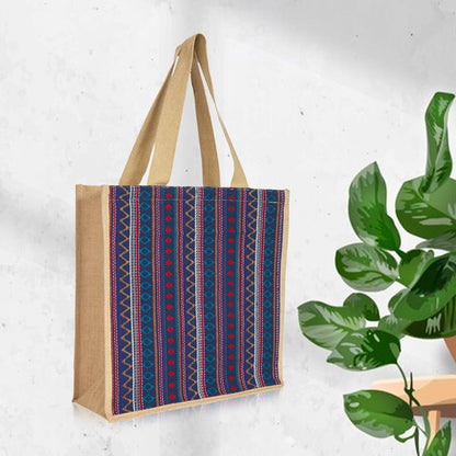 Wholesale Natural JuteTote Bag with Purple Jacquard Fabric for daily use