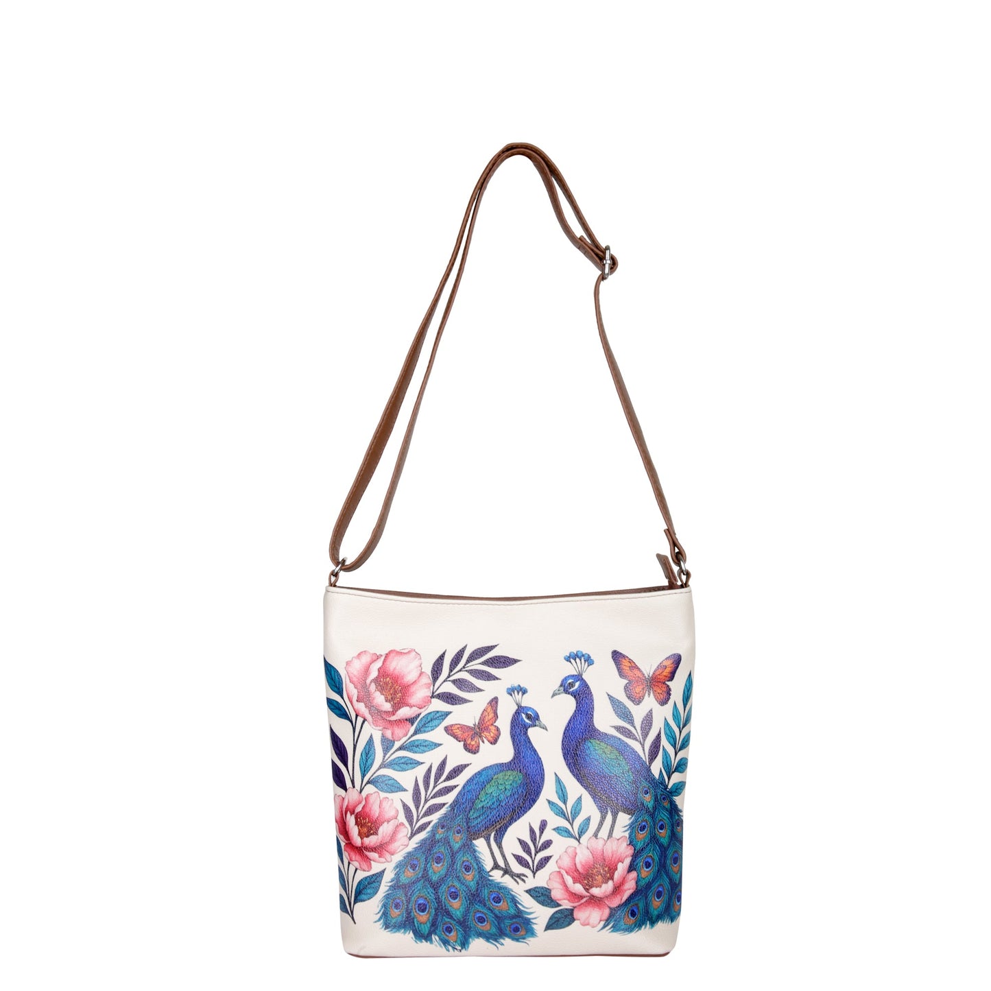 Peacock Hand Printed Vegan Leather Crossbody Bag – Adjustable Sling & Over the Shoulder Wholesale Bag for Women – Stylish Handbag & Travel Purse