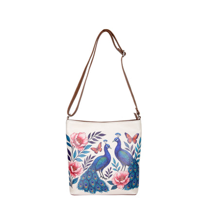 Peacock Hand Printed Vegan Leather Crossbody Bag – Adjustable Sling & Over the Shoulder Wholesale Bag for Women – Stylish Handbag & Travel Purse