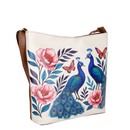 Peacock Hand Printed Vegan Leather Crossbody Bag – Adjustable Sling & Over the Shoulder Wholesale Bag for Women – Stylish Handbag & Travel Purse