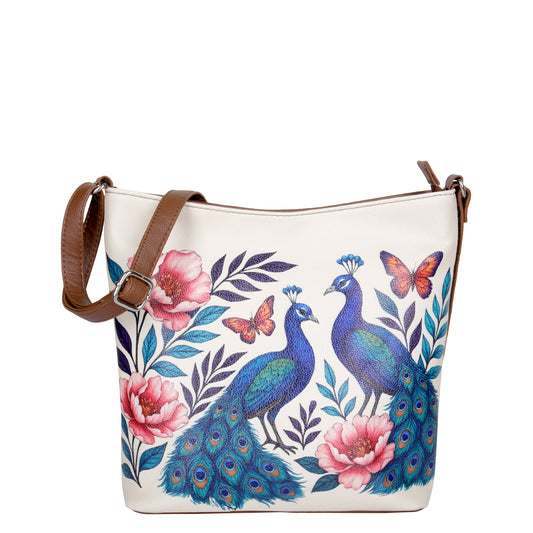 Peacock Hand Printed Vegan Leather Crossbody Bag – Adjustable Sling & Over the Shoulder Wholesale Bag for Women – Stylish Handbag & Travel Purse