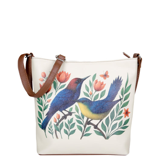 Hand Printed Birds Vegan Leather Crossbody Bag – Adjustable Sling & Over the Shoulder Wholesale Bag for Women – Stylish Handbag & Travel Purse
