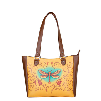 Women’s vegan leather shoulder tote handbag with hand‑painted dragonfly artwork