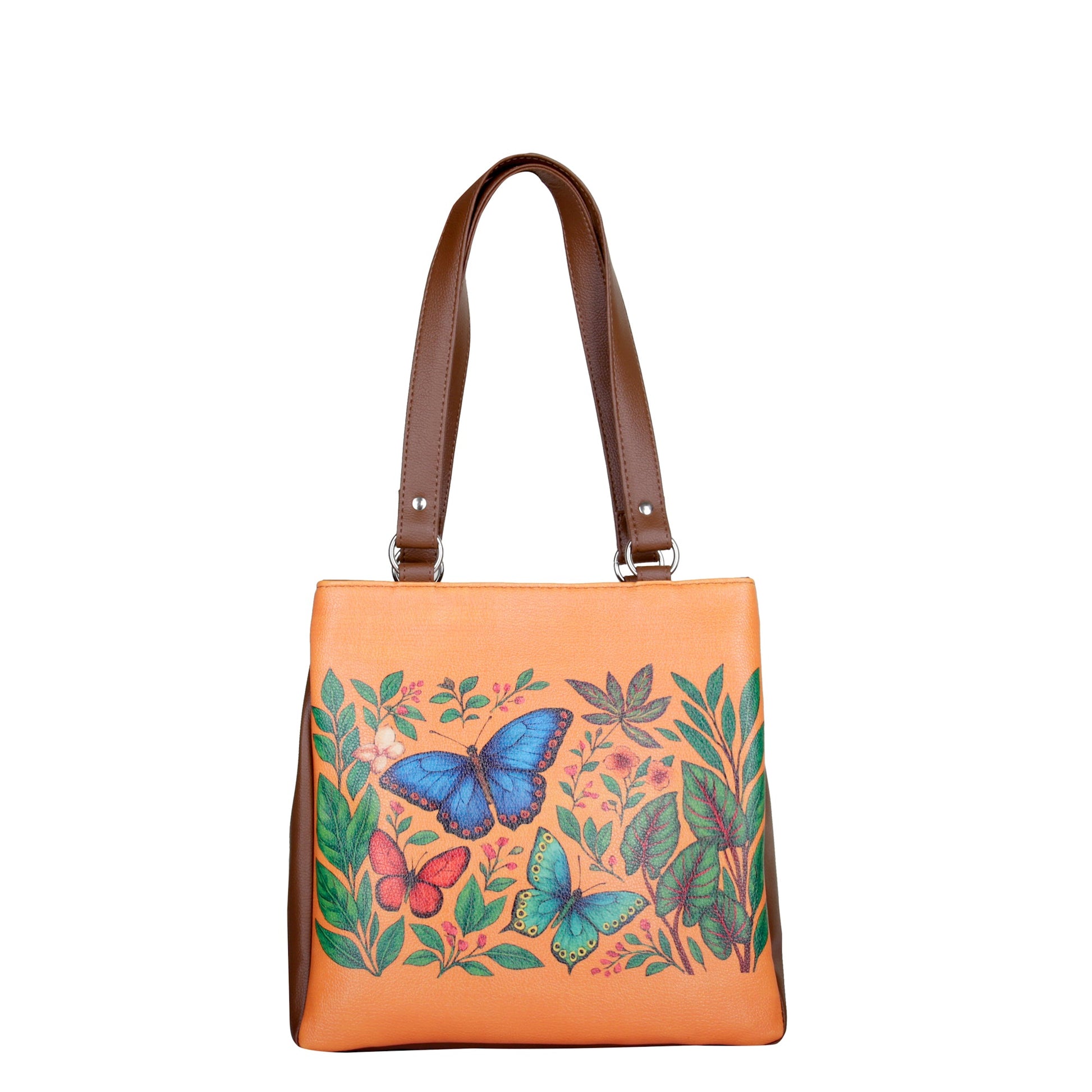 Women's vegan leather butterfly print tote bag with multi-compartment design for work, travel and everyday use