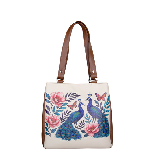 Hand Printed Peacock Vegan Leather Tote Shoulder Bag – Women’s Wholesale Multi‑Compartment Handbag for Work, Travel & Daily Use